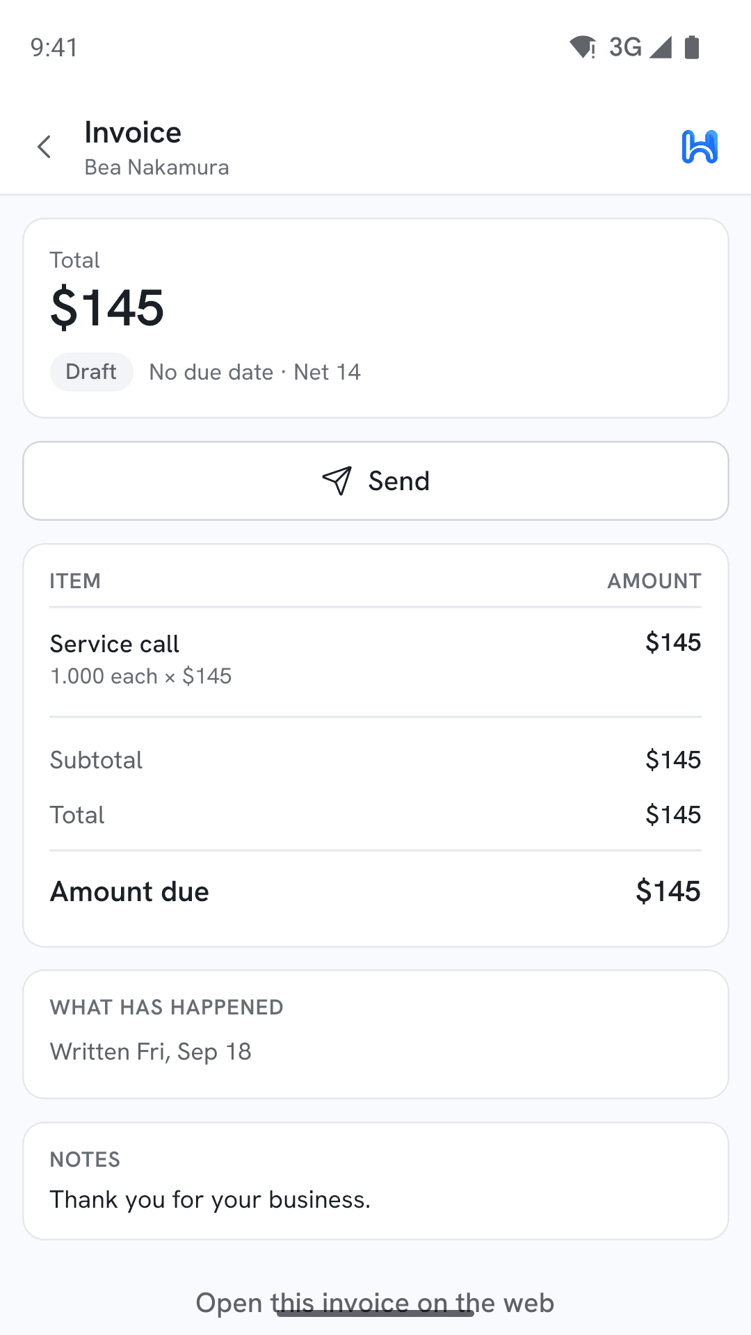 An invoice in the app, ready to send to a customer.